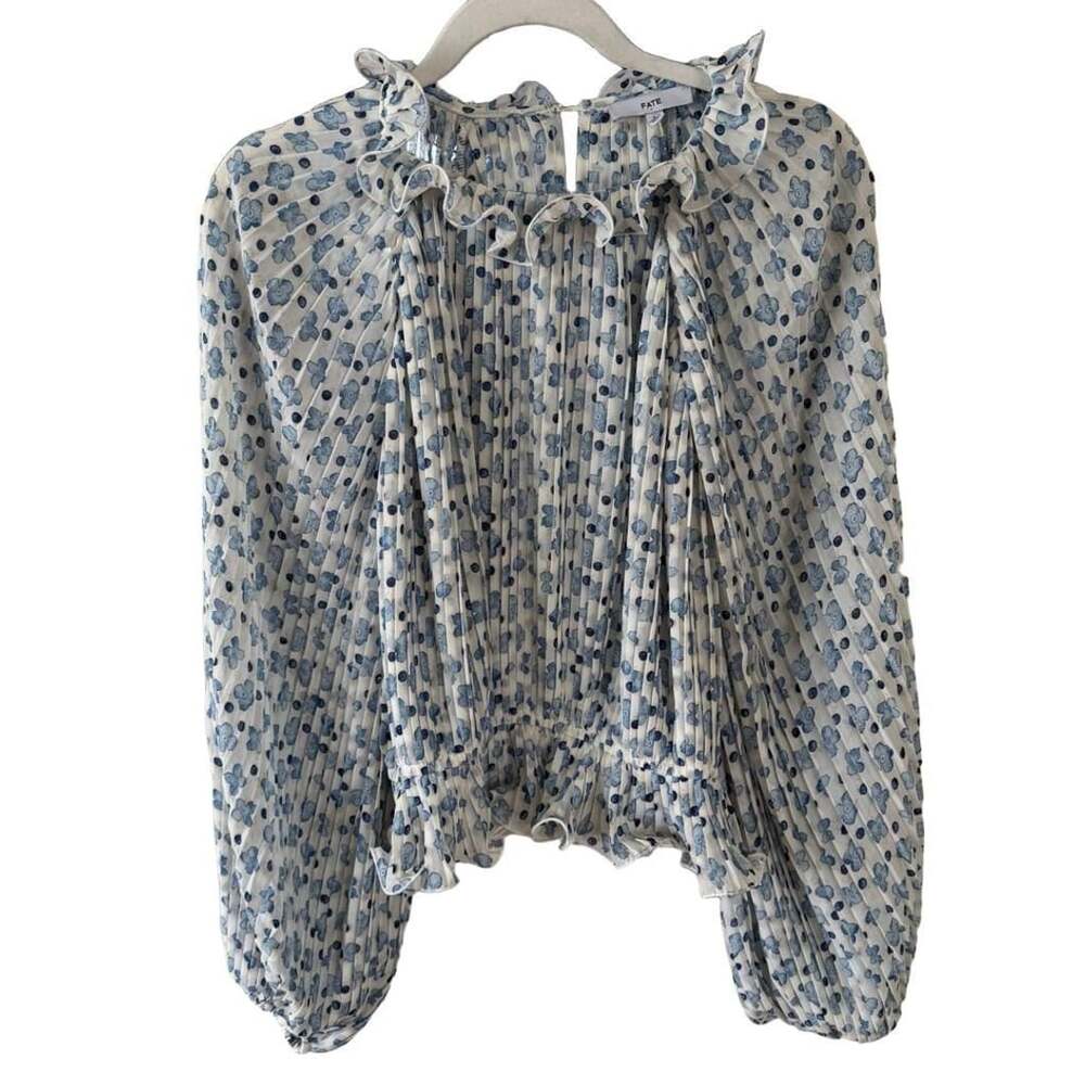 Fate Blouse Size L Blue Floral Pleated Ruffle Chiffon balloon sleeve